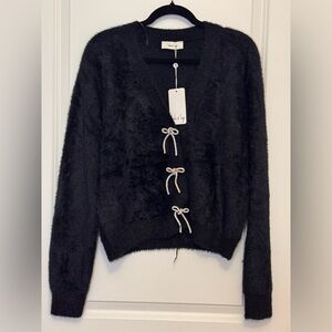 Sadie & Sage Black Fuzzy Cardigan with metal shiny Bow Details